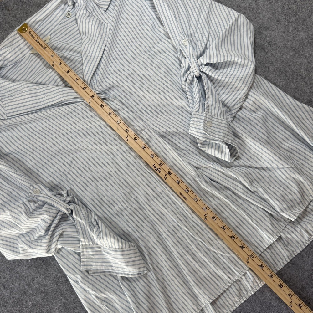 Max Studio London Pinstripe Blouse 2X Blue White Tie Sleeve Button Cuff - Picture 7 of 10